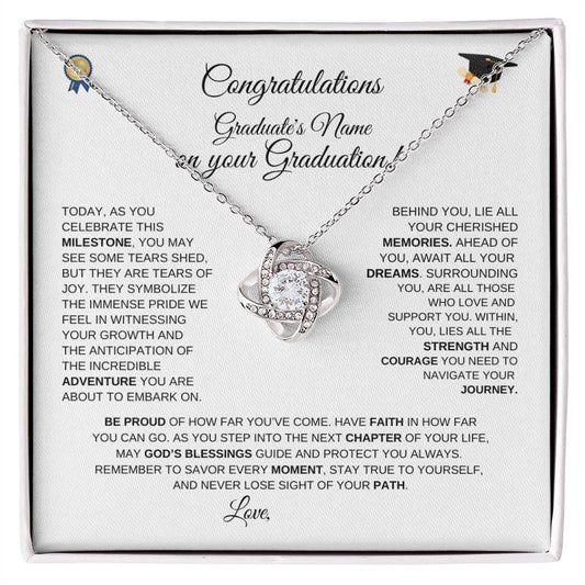 Personalized Graduation Gift: Congratulations on your Graduation Milestone Love Knot Necklace