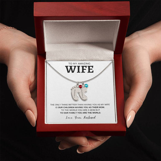 Wife - Only Thing Better - Custom Baby Feet Necklace with Birthstone - White Back/Blk