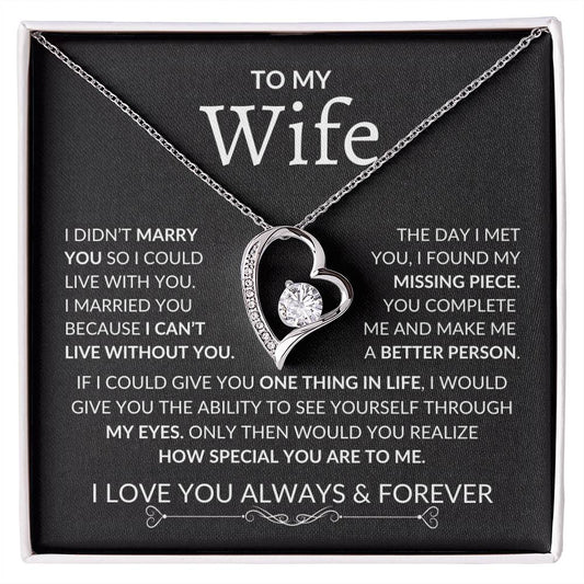 To My Wife- Missing Piece Forever Love Necklace Blk Bkgrd White Text